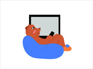 Cheerful cartoon bear lies on the sofa and watches TV. Homework, entertainment, idleness. Colored vector illustration on a white background.