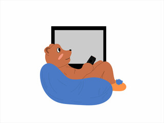 Cheerful cartoon bear lies on the sofa and watches TV. Homework, entertainment, idleness. Colored vector illustration on a white background.