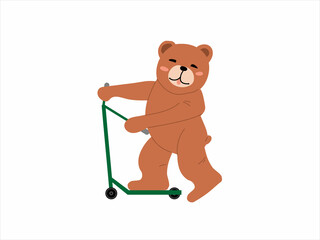 Cheerful cartoon bear rides a scooter. Summer children's fun, games, sports. Colored vector illustration on a white background.