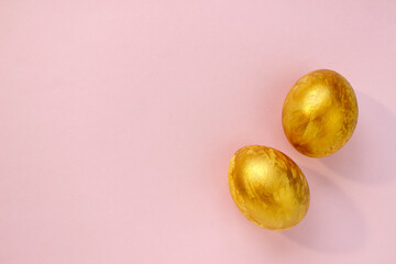 Stylish golden eggs easter concept. Flat lay trendy easter. Happy easter. Copy space for text