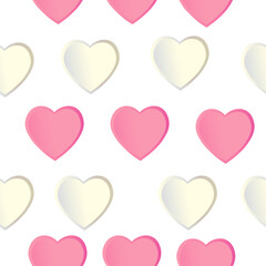 Pattern with pink and white hearts on a white background. Vector design for paper, cover, gift wrapping, fabric, indoor decor and other uses.