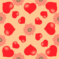 Pattern with red hearts and pink daisies on a beige background. Vector design for paper, cover, gift wrapping, fabric, indoor decor and other uses.
