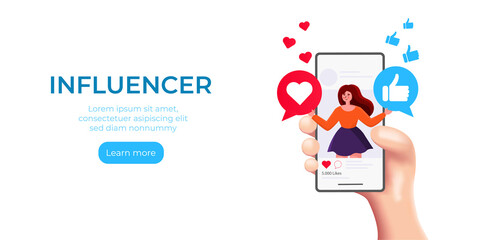 concept of illustration of women as social media influencers with 3d hand. Social media marketing, promotion, blogging, advertising, followers concept.