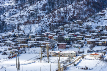 Snow-covered forest and village views of Bozdag in İzmir, Turkey