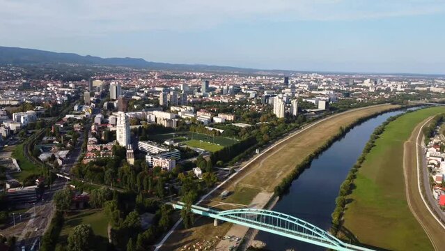 View of the bridges over the Sava river. Adriatic bridge (Jadranski most) then Savski most and The Hendrix Bridge. Сity panorama of Zagreb. Drone Video. Croatia. Europe