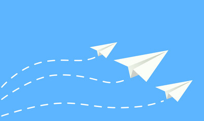 Paper planes flying in the sky background illustration. Concept of leadership, teamwork, competition, business, startup, management, trend, goal, strategy, creative idea. VECTOR EPS10.