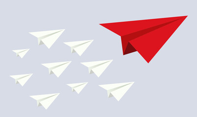 Paper planes competition in the sky background illustration. Concept of leadership, teamwork, different, competition, business, startup, management, goal, strategy, creative idea. VECTOR EPS10.
