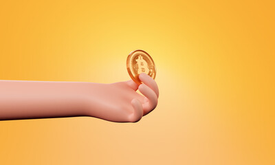 Cartoon hand holding bitcoin coin, 3d rendering. Bitcoin and the hand of a cartoon character. 3d illustration on a yellow background.