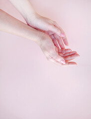 Naklejka premium well-groomed female hands on a pink background