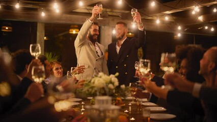 Big Dinner Party with a Crowd of Multiethnic Diverse Friends Celebrating at a Restaurant. Handsome Happy Queer Hosts Propose a Toast and Raise Wine Glasses while Sitting at a Table in the Evening.