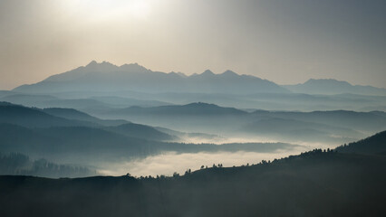 View of Tatras from Wysoki Wierch in the Pieniny National Park during late afternoon, Poland