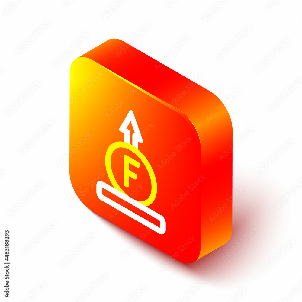 Poster isometric line force of physic formula calculation icon isolated on white background. orange square 