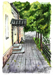 Watercolor sketch of a summer street