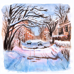 Watercolor sketch with winter street