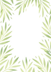 Green leaves floral frame. Botanical illustration. Greeting card, invitation or banner template.