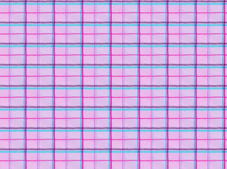 Hand penciled drawn seamless pattern. Paper texture. Cyan, red, purple, blue lines check. Pink endless background