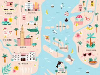 Obraz premium Vector illustration of map of Miami with streets, symbols, famous landmarks