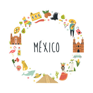 Tourist abstract design with famous destinations and landmarks of Mexico.