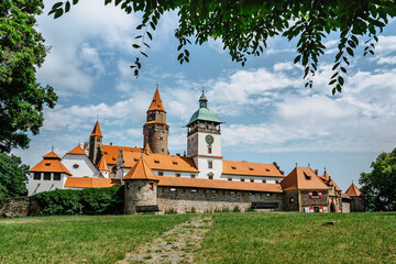Bouzov Castle, Moravia,Czech Republic.Romantic fairytale chateau with eight-storey watchtower built...