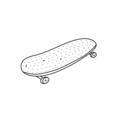 Hand drawn vector illustration of a skateboard doodle icon. Cute illustration of sport equipment icon on a white background.