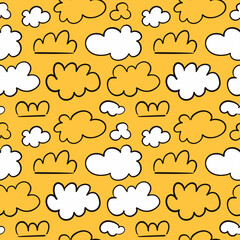 Obraz premium Seamless pattern with cloud doodles on yellow background. Modern design for fabric and paper, surface textures.