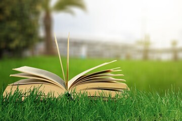 Open book on green grass in a field, concept for reading, relaxing and recreation