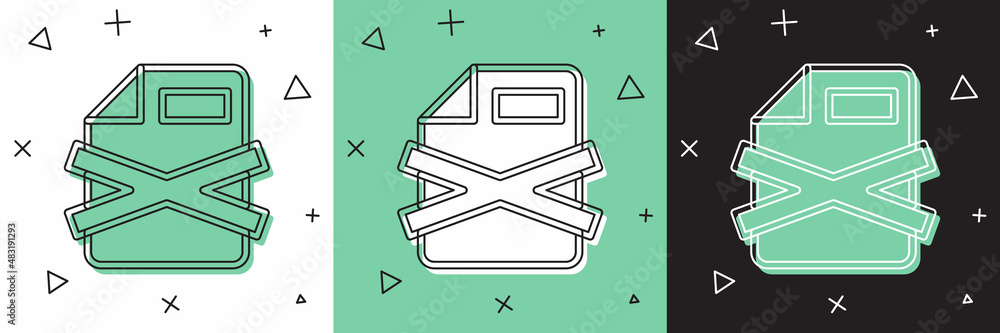 Poster set delete file document icon isolated on white and green, black background. rejected document icon.