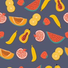 Exotic fruit seamless pattern in hand-drawn style. Vector repeat background for colorful summer fabric