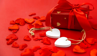 Valentine, beautiful red background with hearts. Selective focus.