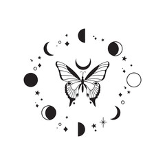 Vector Illustration with Hand Drawn Butterfly and Moon Phases Frame. Abstract Mystic Sign. Magic Design Illustration. Hand Drawn, Doodle, Sketch Magician Butterfly in Simple Style for Branding.