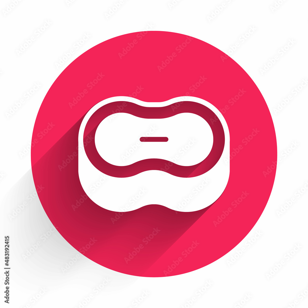 Aufkleber white bar of soap icon isolated with long shadow background. soap bar with bubbles. red circle butto