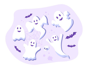 Set of ghosts. Scary and horror picture for Halloween. Decoration of greeting and invitation cards, graphic elements for website. CArtoon flat vector illustration isolated on white background