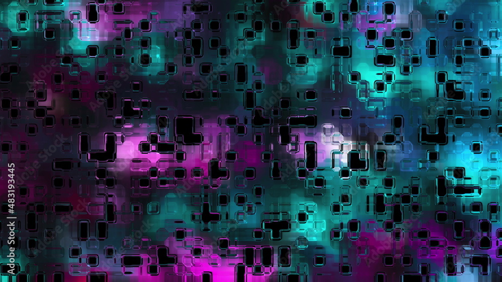 Poster polished plate with 3d render mosaic with reflections of light textures in random arrangement. brigh