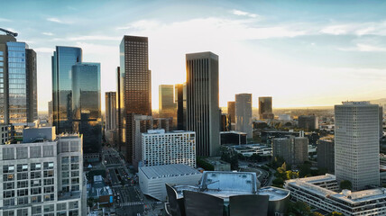 Los Angeles downtown skyline. Los angels city, downtown top aerial view with drone. Cityscapes skyline scenic aerial view.