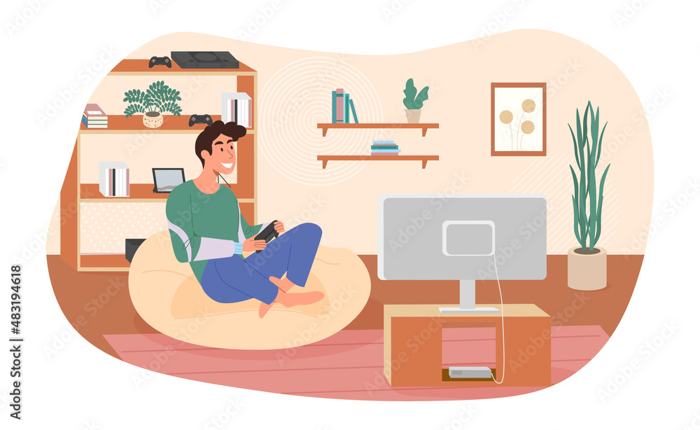Poster playing computer games. man with joystick sits in front of tv. rest after work, addicted to gadgets.