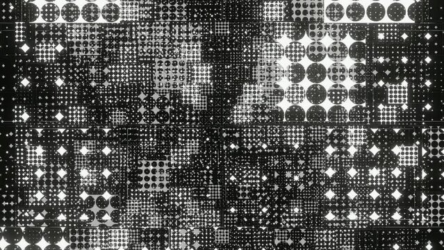 black and white 3d animation flying through a series of dot grid layers to create a layered textured effect