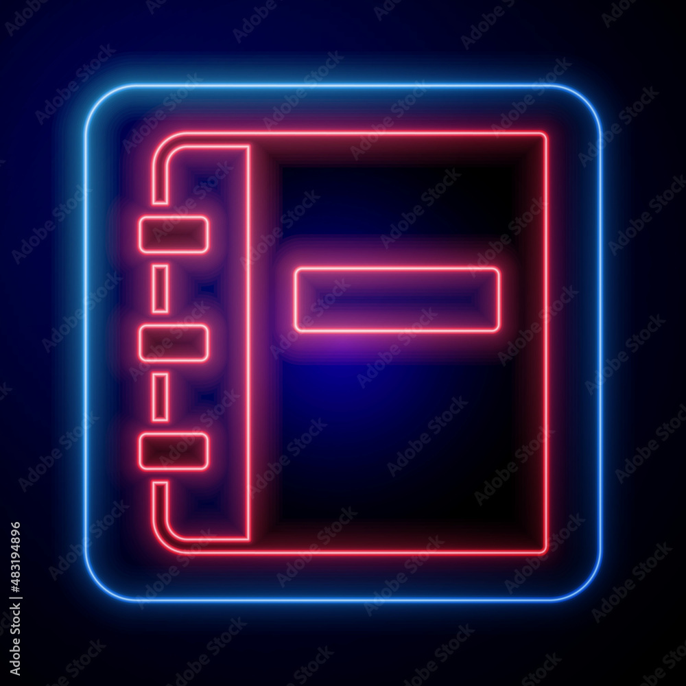 Poster glowing neon notebook icon isolated on black background. spiral notepad icon. school notebook. writi