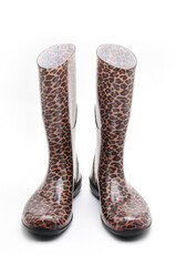 Women's rubber boots with leopard patterns on a white background