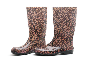 Women's rubber boots with leopard patterns on a white background