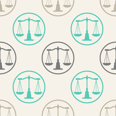 Scales Justice seamless pattern. Weighing Texture. Libra black silhouette background. Balance and finance backdrop. Vector