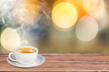 Sweet hot coffee on the table for a blur background