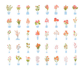 Flowers in vase set. Collection of bouquets, stickers for social networks and icons for website. Greenery, nature and floristry. Cartoon flat vector illustrations isolated on white background