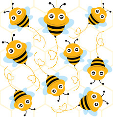 Bee and honeycomb seamless pattern. Vector background.