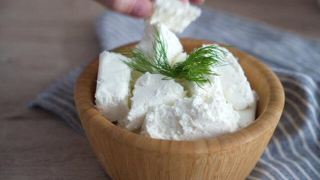 Traditional homemade salted curd cheese. Healthy and fermented food
