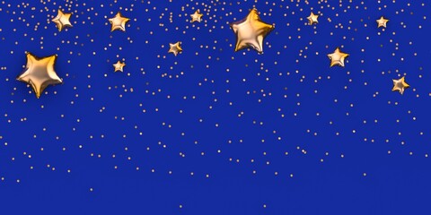 Obraz na płótnie Canvas Figured Golden Balloon shine Stars Isolated on dark blue background with confetti.3d rendering birthday postcard.