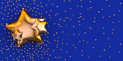 Figured Golden Balloon shine Stars Isolated on dark blue background with confetti.3d rendering birthday postcard.