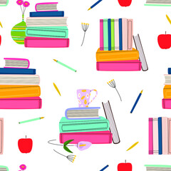 Flat vector cartoon seamless pattern with stacks of books. Various books, cups, vase, apple. Colorful decorative wallpaper for book lovers on a white background.