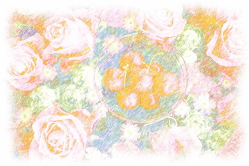 Flowers and apples in colored pencil style