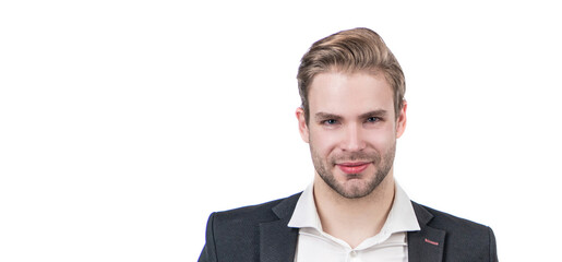 Portrait of happy guy with unshaven face in formal wear isolated on white copy space, man