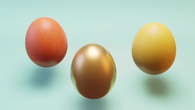 Golden Easter egg and colorful eggs wiggle on a bright background. Happy Easter greeting card. 3d render animation.